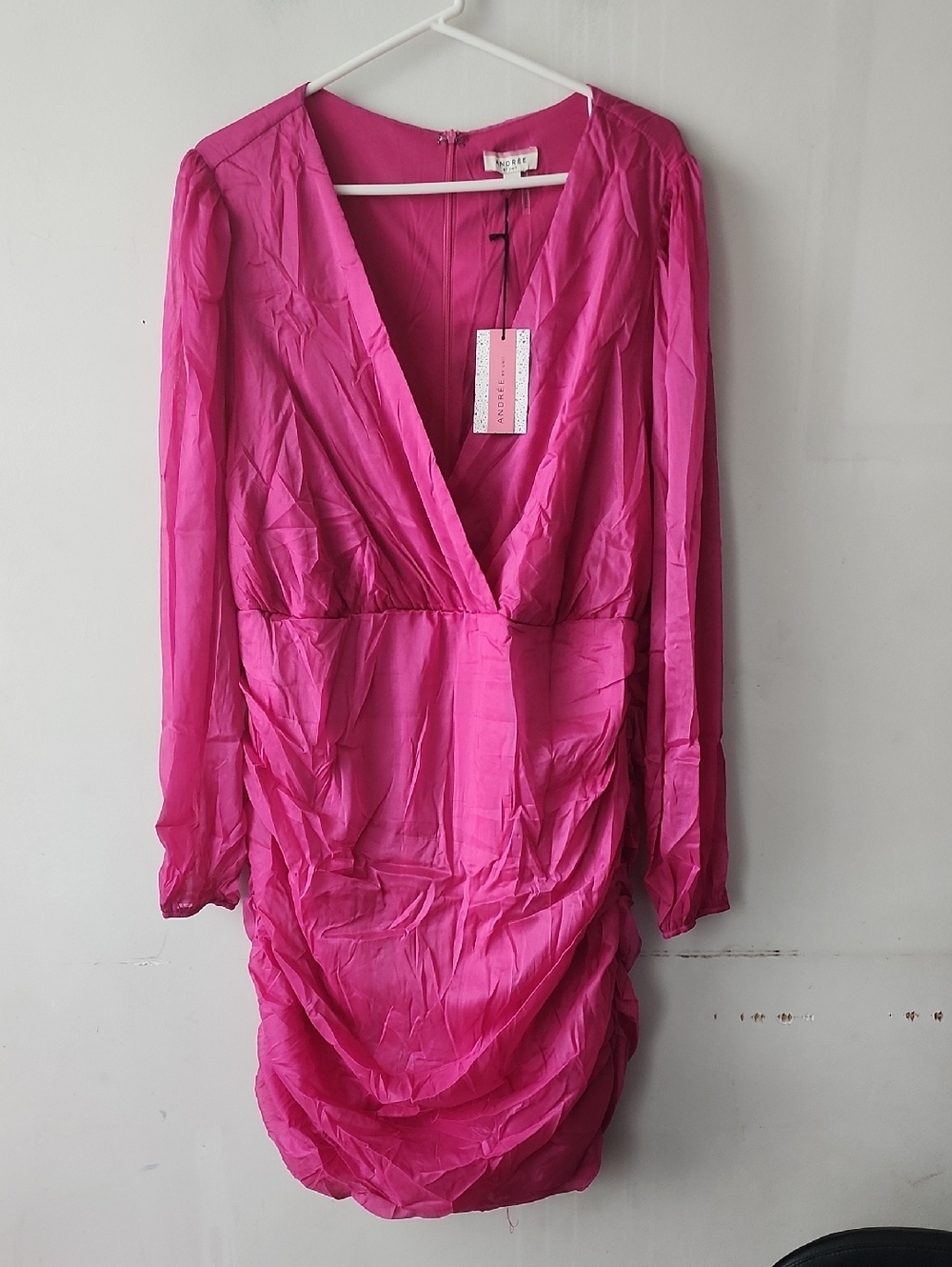 Andree Fuchsia Long-Sleeve V-Neck Ruched Dress